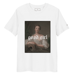 White t-shirt by The Siq Collective featuring a vintage portrait with good girl graphic graphic tee text