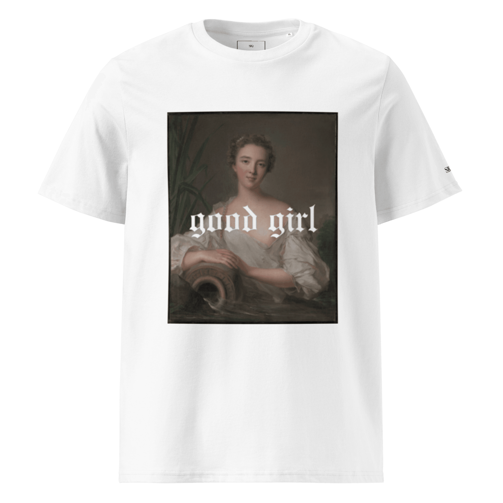 White good girl graphic graphic tee featuring a classical portrait of a woman in vintage style
