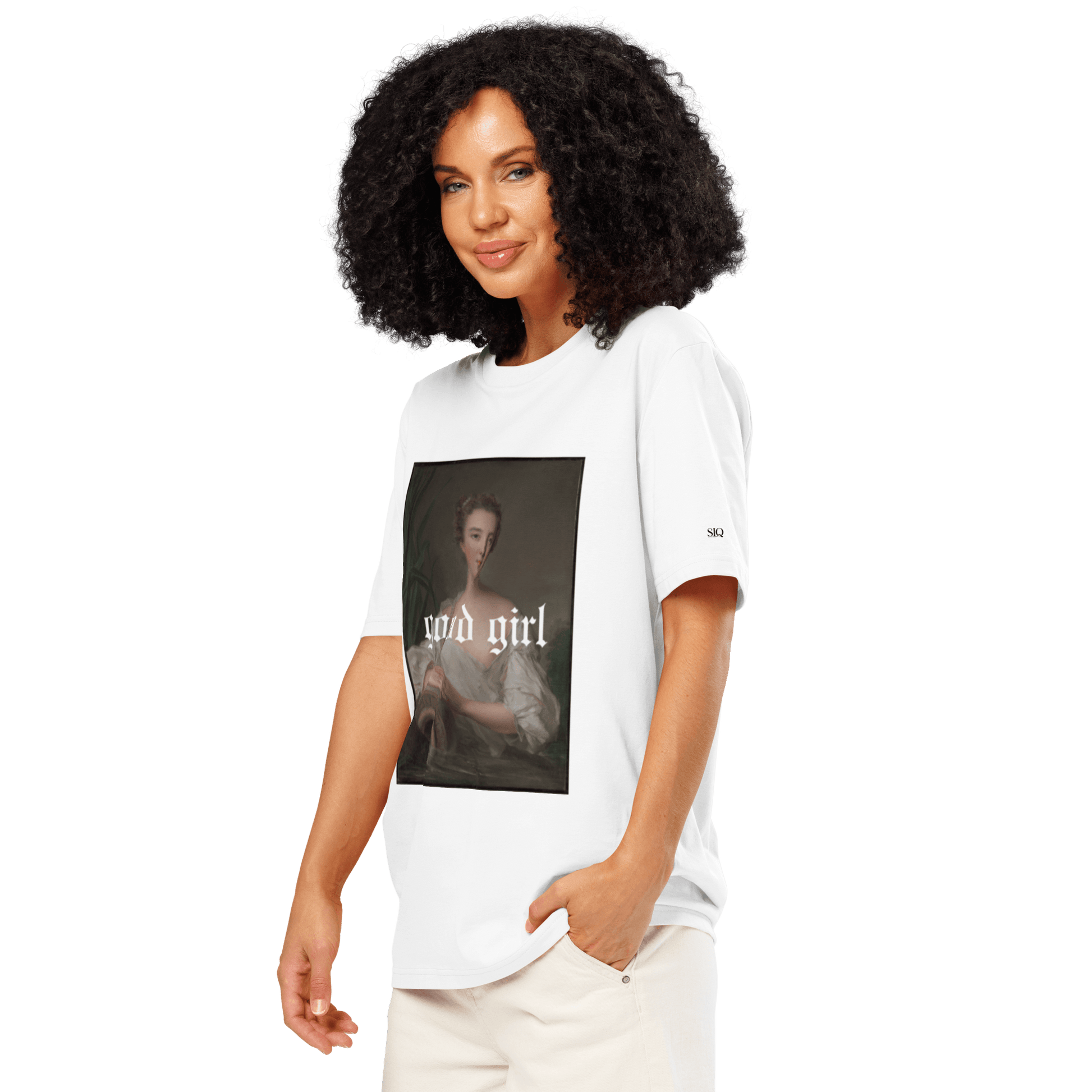White good girl graphic graphic tee by The Siq Collective worn by a smiling woman with curly hair