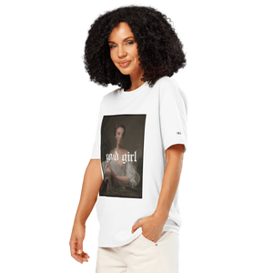 White good girl graphic graphic tee by The Siq Collective worn by a smiling woman with curly hair