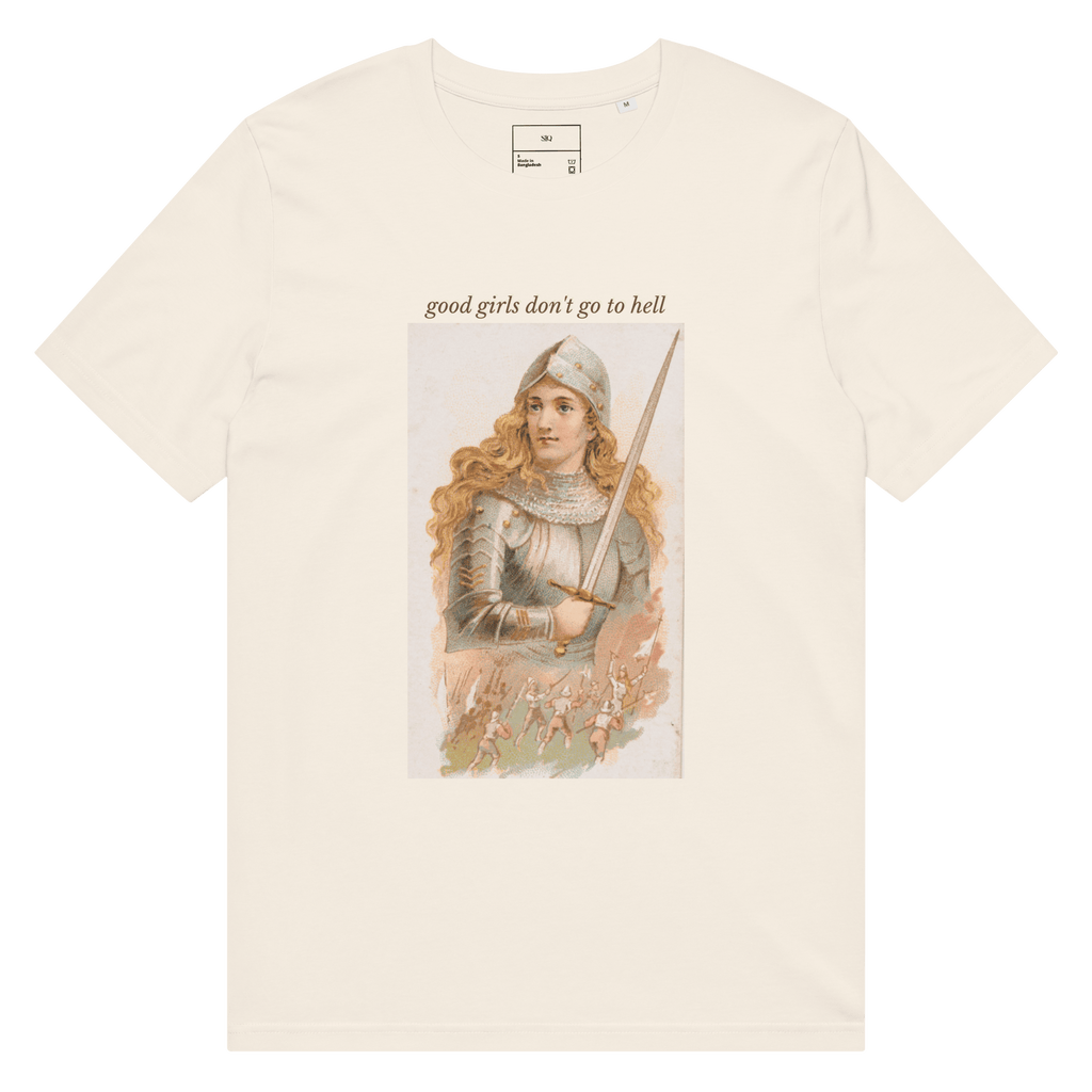 The Siq Collective good girls don't go to hell tee with vintage knight graphic on cream shirt