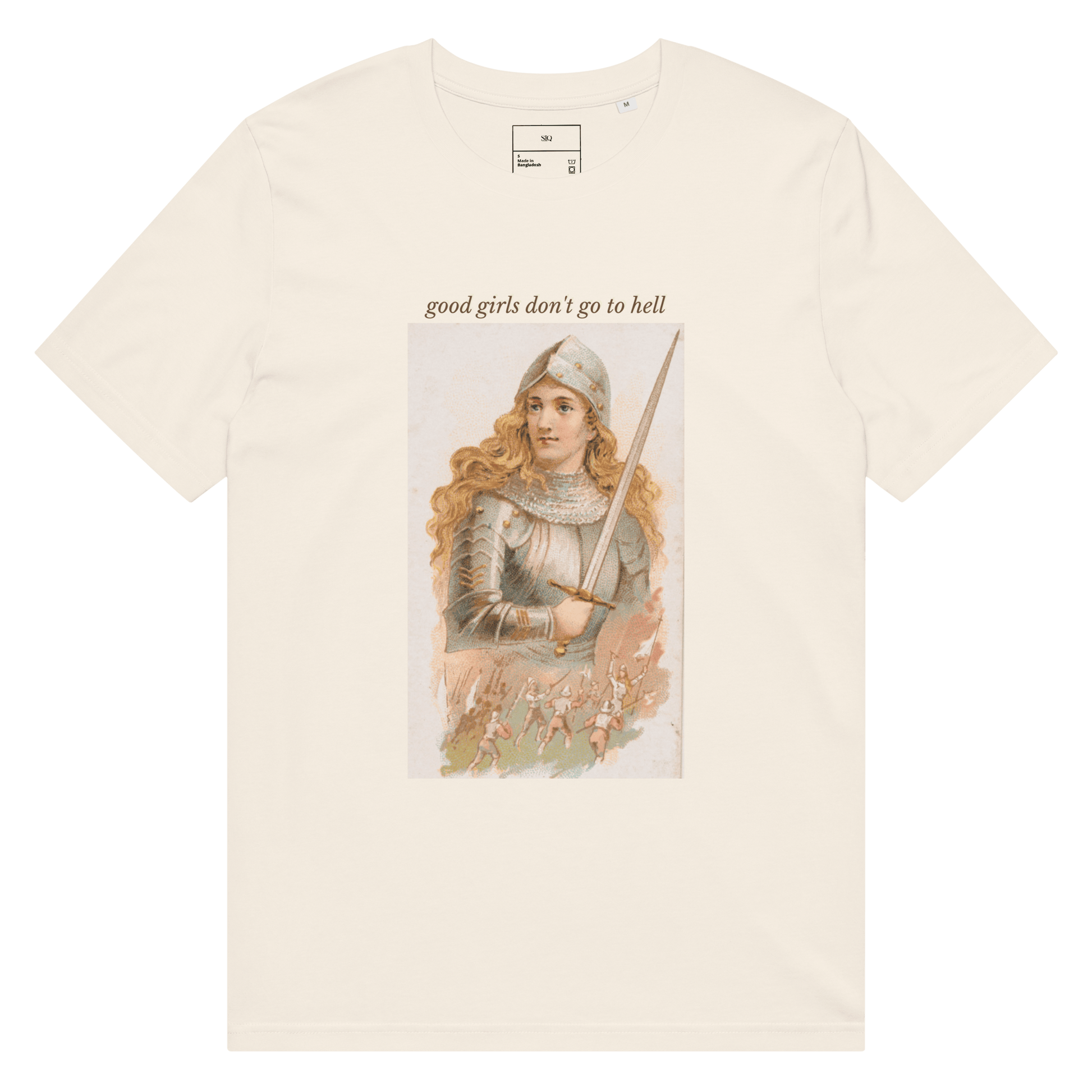 The Siq Collective good girls don't go to hell tee with vintage knight graphic on cream shirt