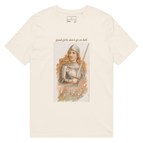 The Siq Collective good girls don't go to hell tee with vintage knight graphic on cream shirt