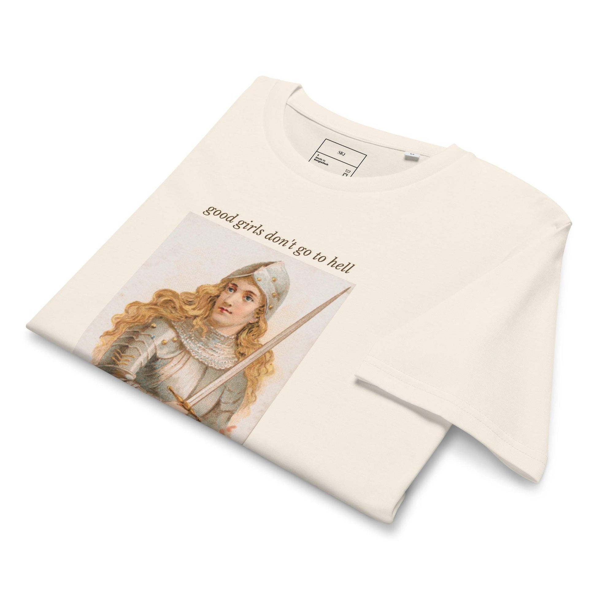 The Siq Collective good girls don't go to hell tee with vintage warrior woman graphic in beige