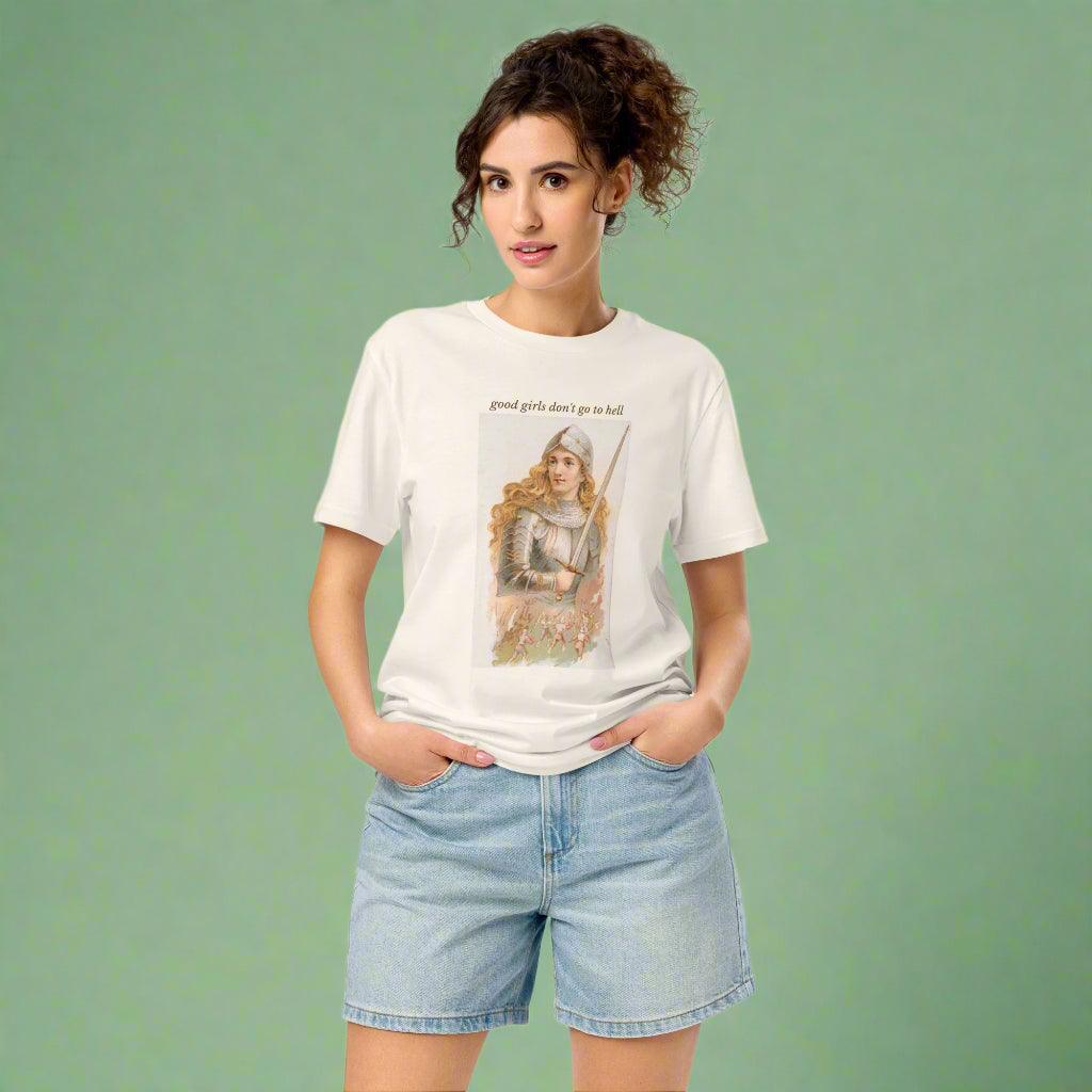Woman wearing The Siq Collective good girls don't go to hell tee with graphic design and light denim shorts