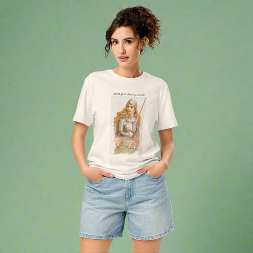 Woman wearing The Siq Collective good girls don't go to hell tee with graphic design and light denim shorts