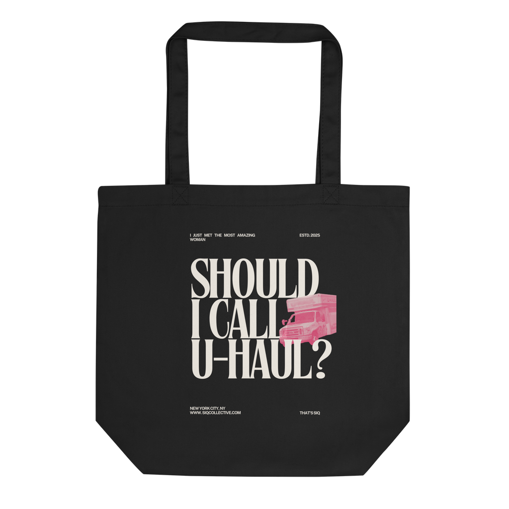 Should I Call UHaul Organic Tote by The Siq Collective black reusable bag with pink truck graphic
