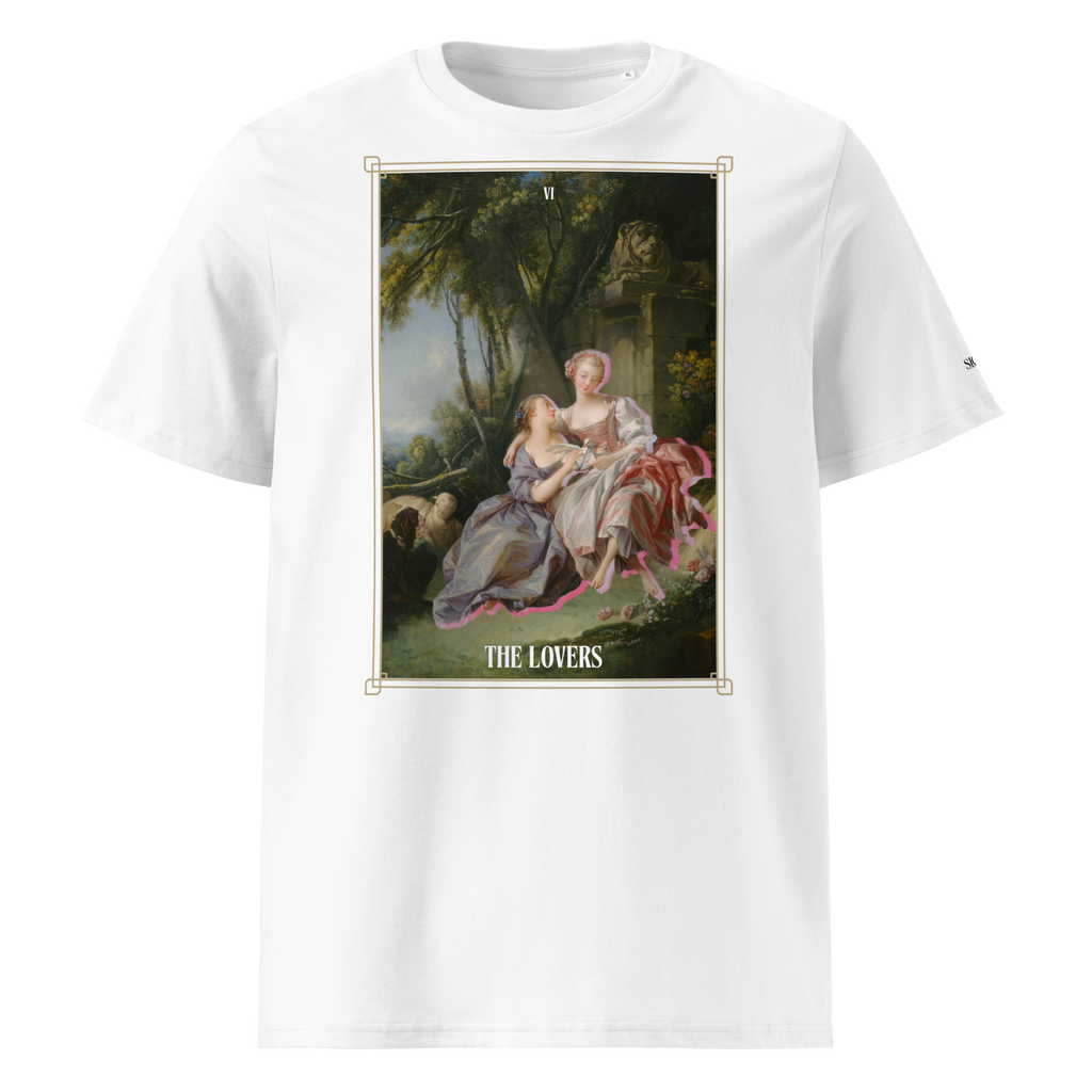 White tee featuring The Sapphic Lovers Tarot Art Tee design with two women in a classical painting style