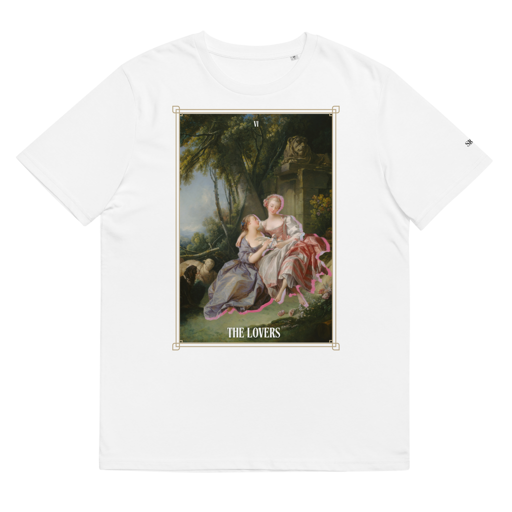 White t-shirt featuring The Sapphic Lovers Tarot Art Tee with classical art print of two women and The Lovers text
