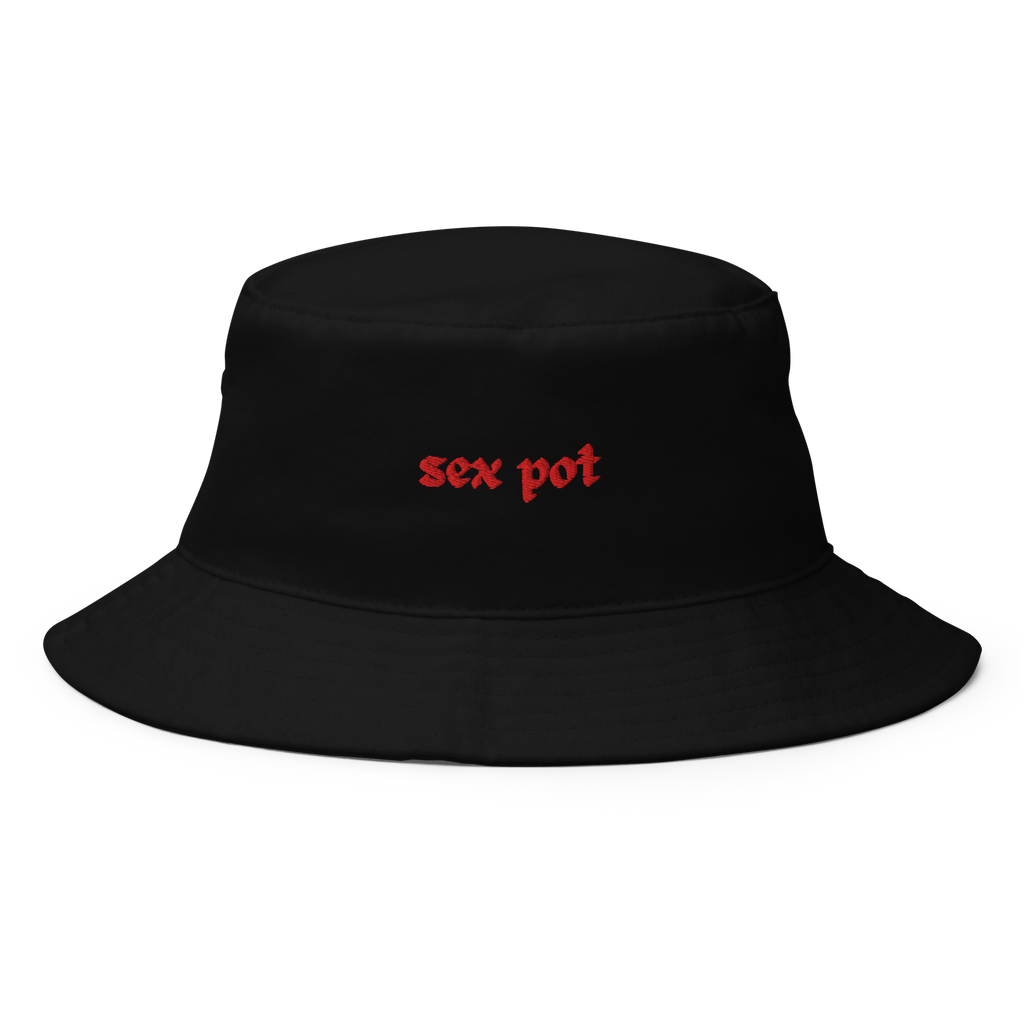 The Sex Pot Bucket Hat in Onyx black with red embroidered text from The Siq Collective