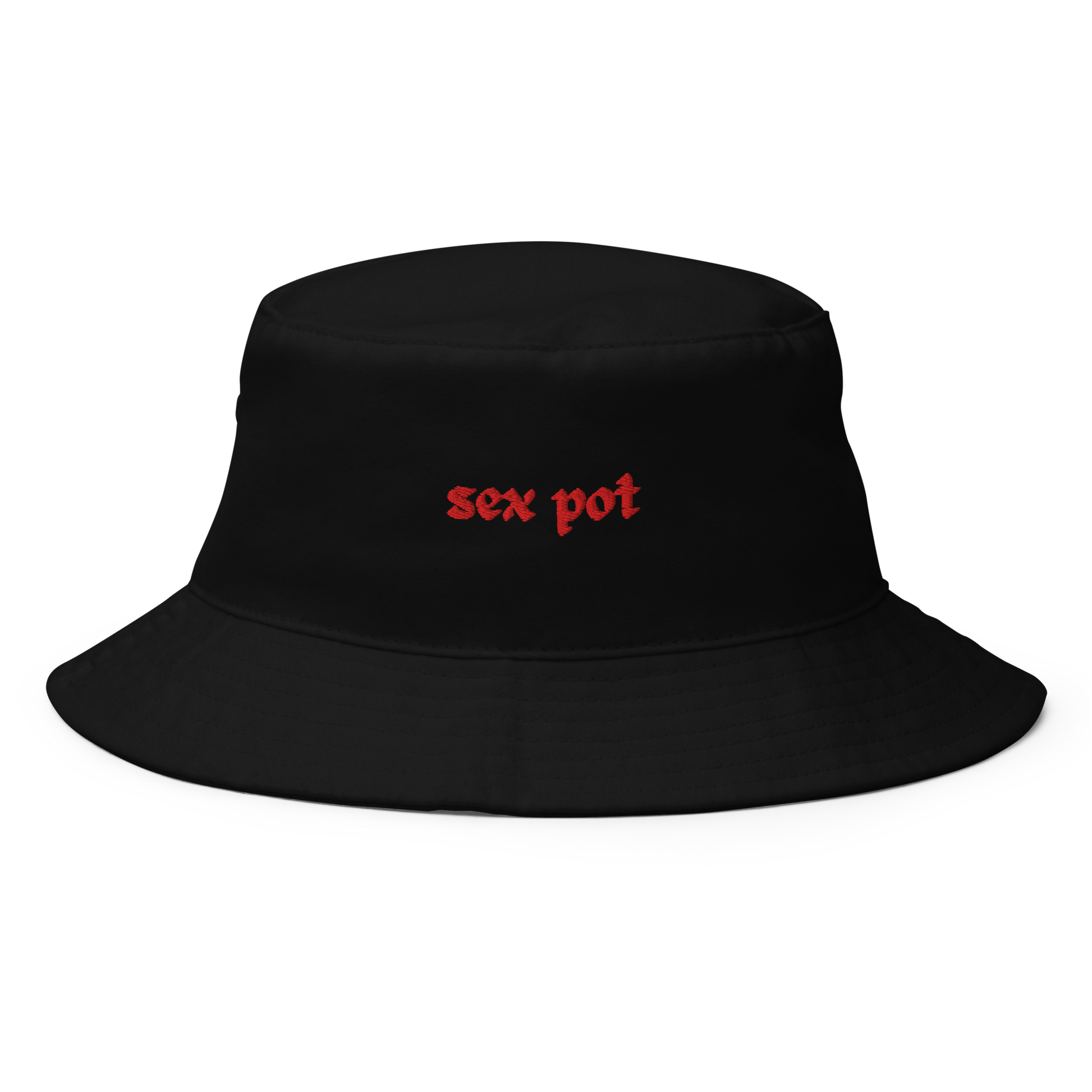 The Sex Pot Bucket Hat in Onyx black with red embroidered text from The Siq Collective