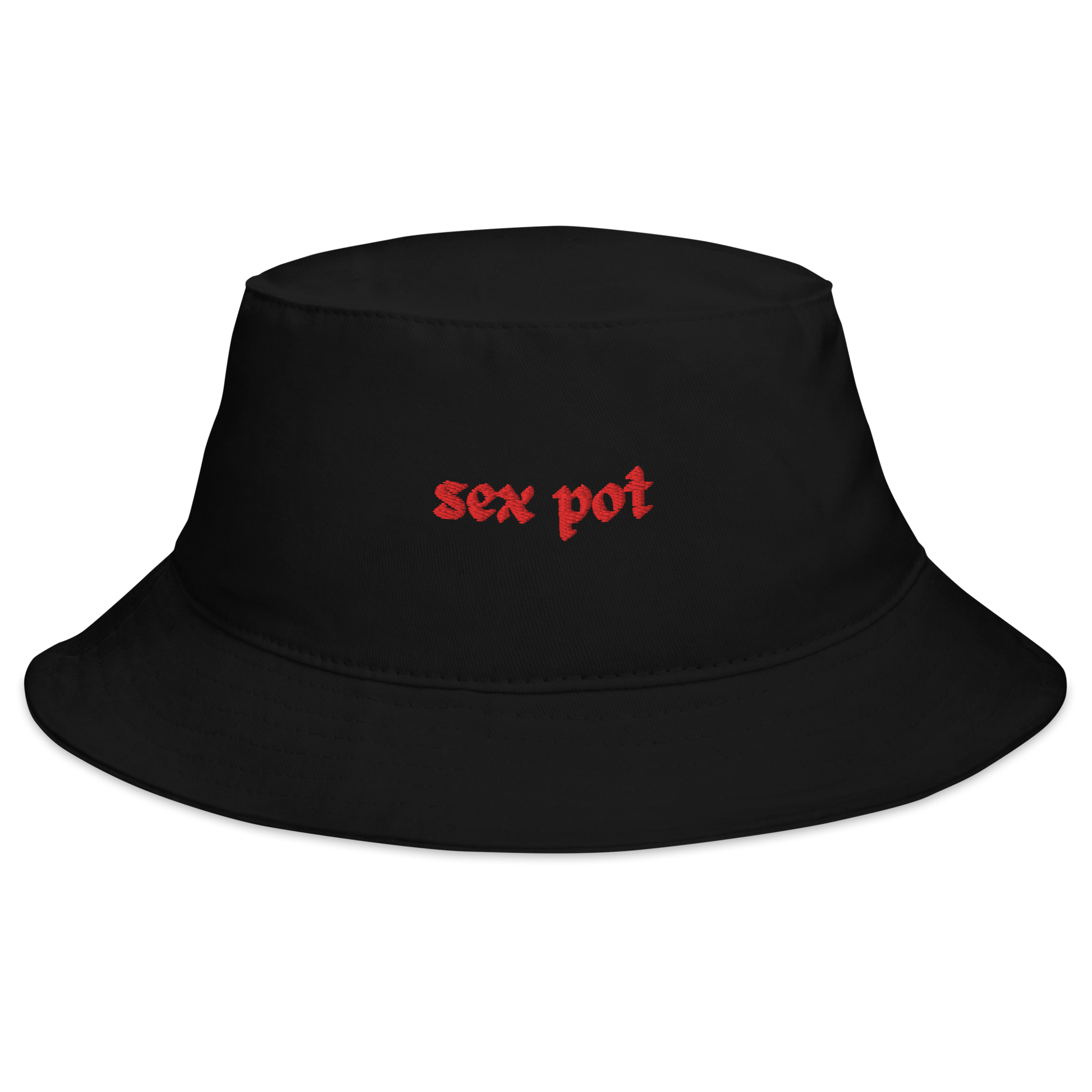 The Sex Pot Bucket Hat in Onyx black with red embroidered text from The Siq Collective flat lay