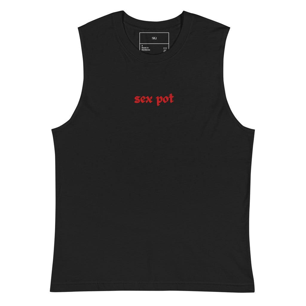 The Sex Pot Sleeveless Muscle Shirt in black with red text from The Siq Collective