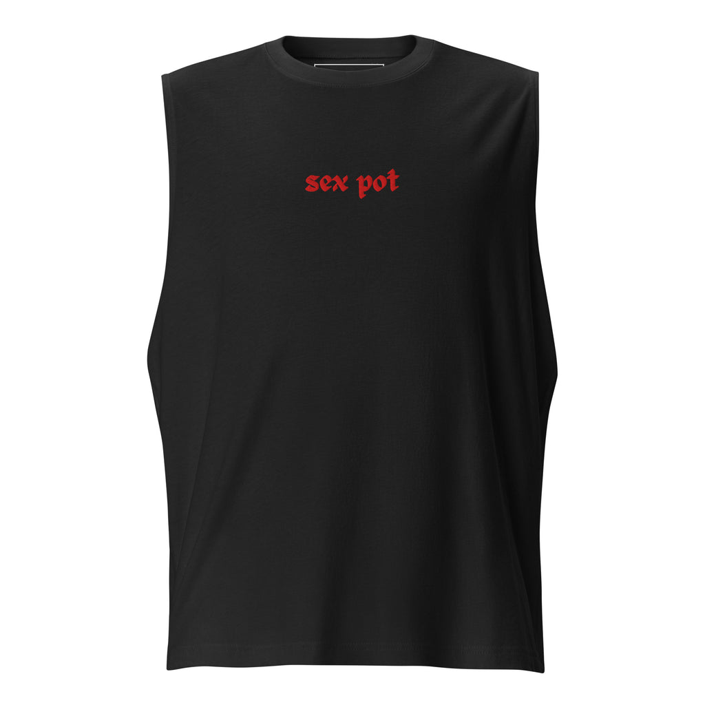 The Sex Pot Sleeveless Muscle Shirt in black with red lettering by The Siq Collective