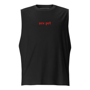 The Sex Pot Sleeveless Muscle Shirt in black with red lettering by The Siq Collective