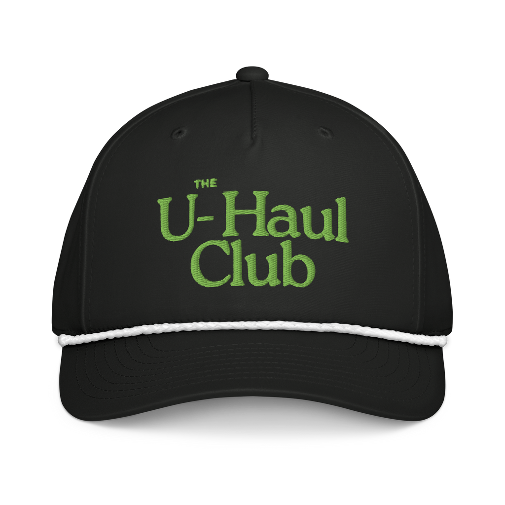 The UHauler's Club Dad Hat in black with green embroidered logo and white trim rope detail