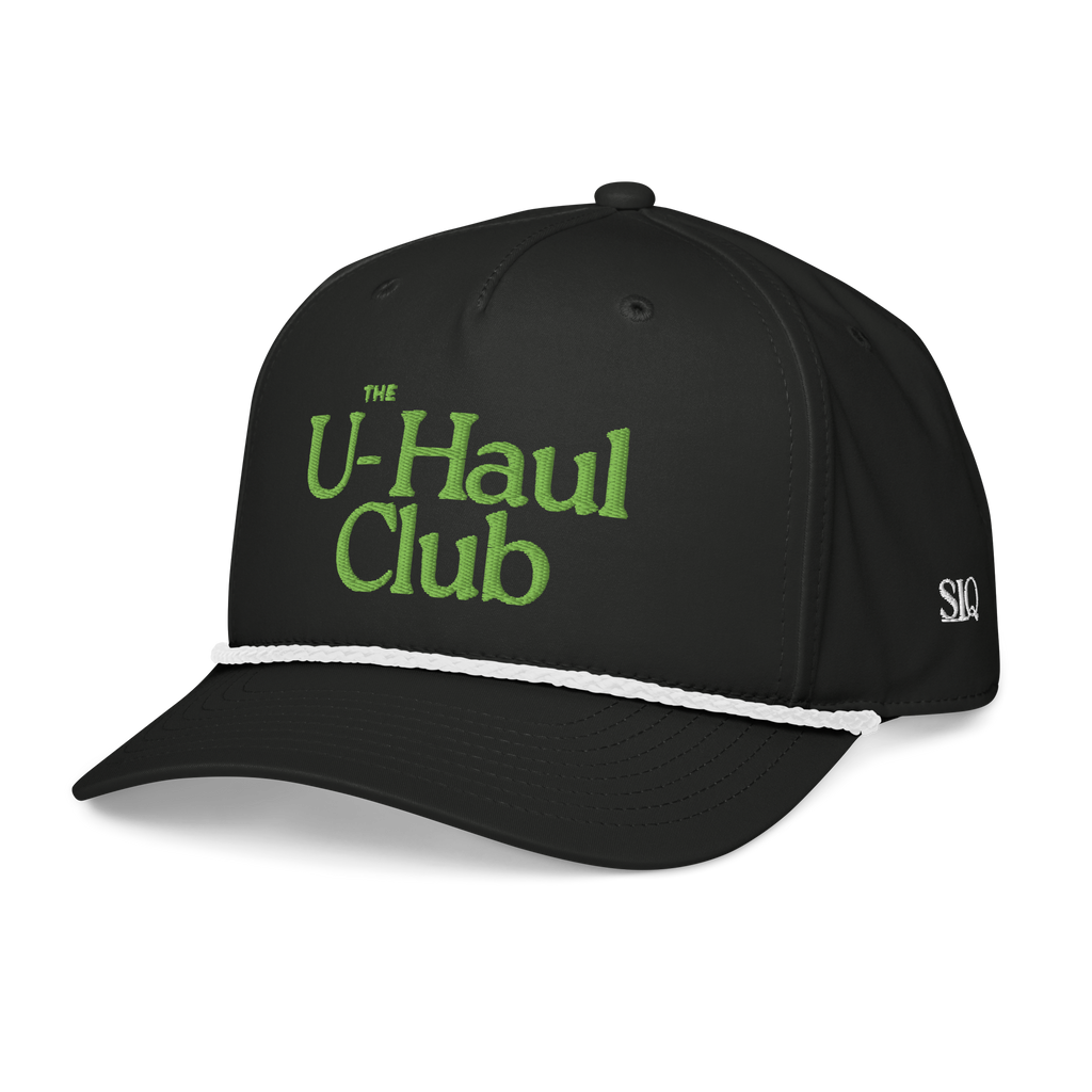 The UHauler's Club Dad Hat in black with green embroidery and white rope detail by The Siq Collective