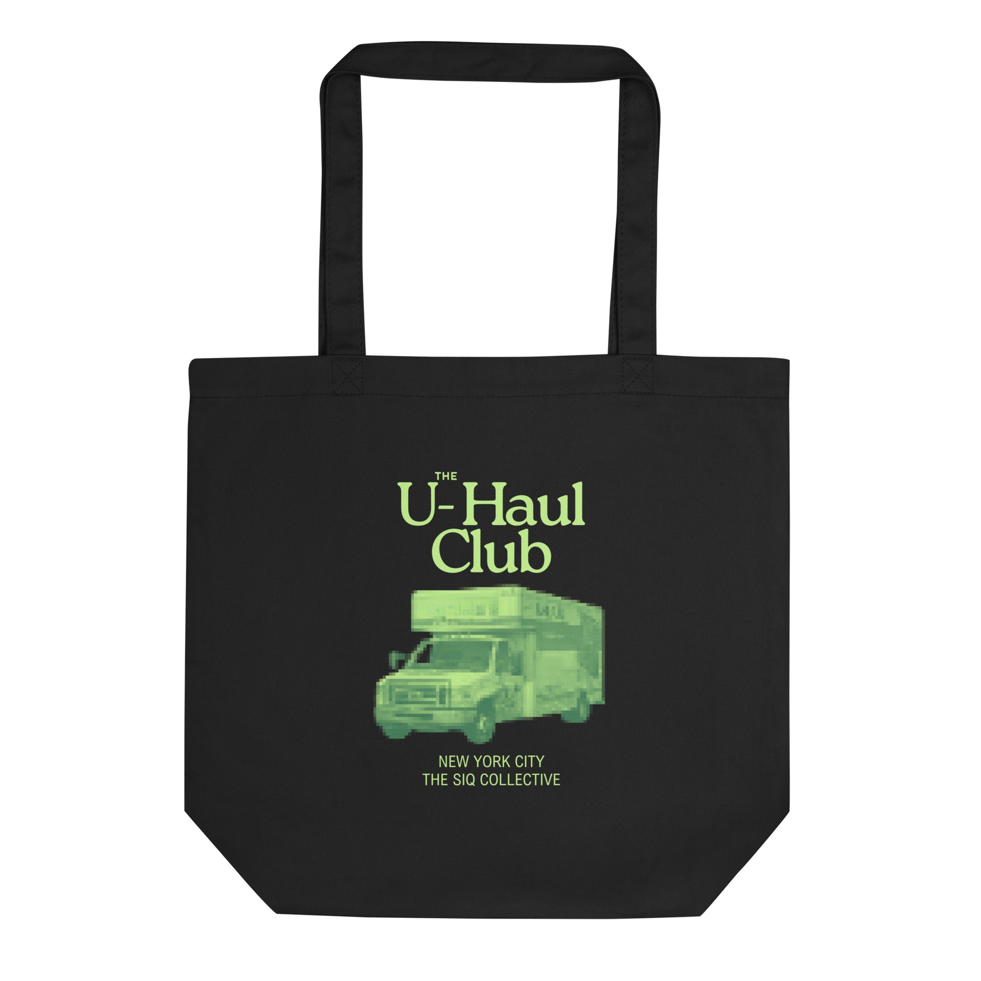 The UHauler's Club Organic Tote Bag in black with green U-Haul truck graphic and text