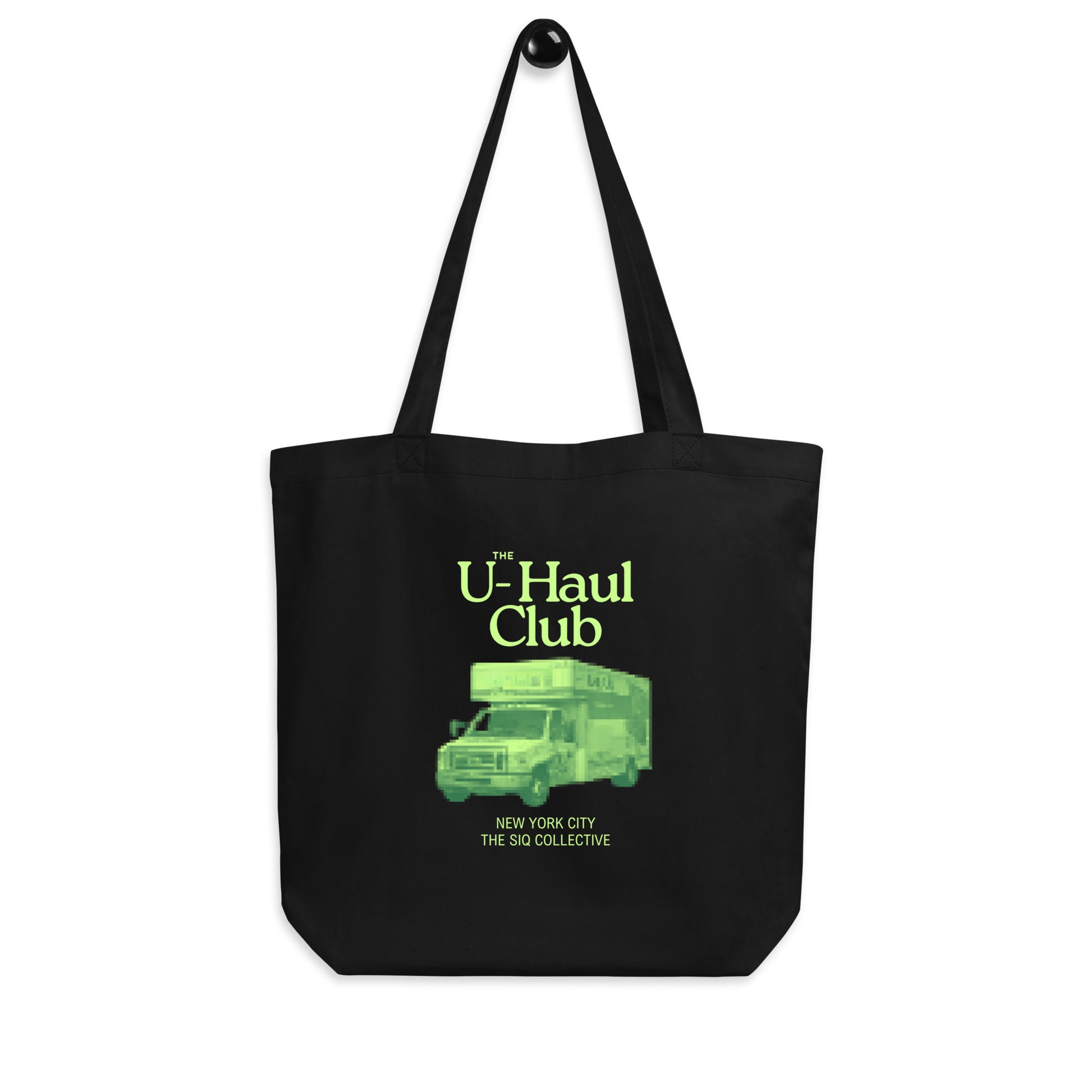 The UHauler's Club Organic Tote Bag in black with green U-Haul truck graphic and text design