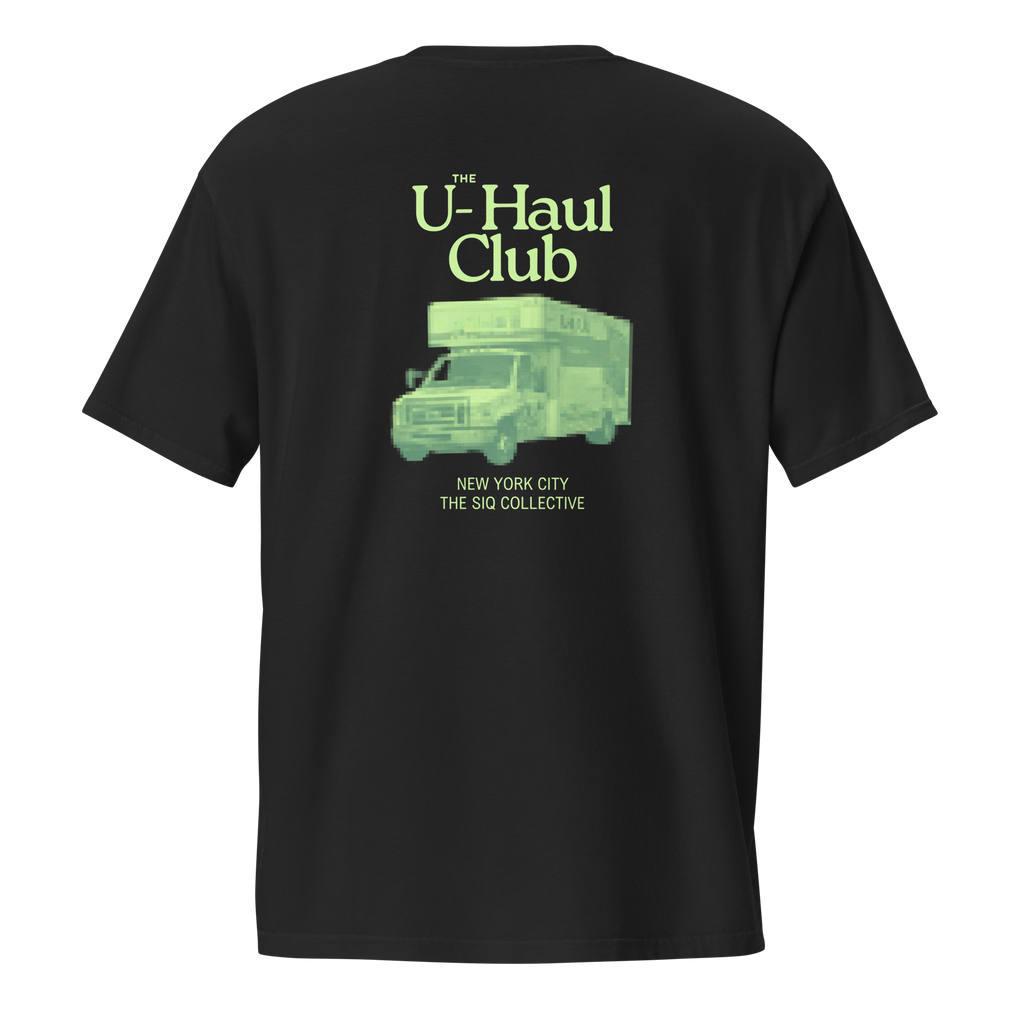 The UHauler's Club Comfort Pocket Tee by The Siq Collective featuring a green vintage U-Haul truck graphic on the back