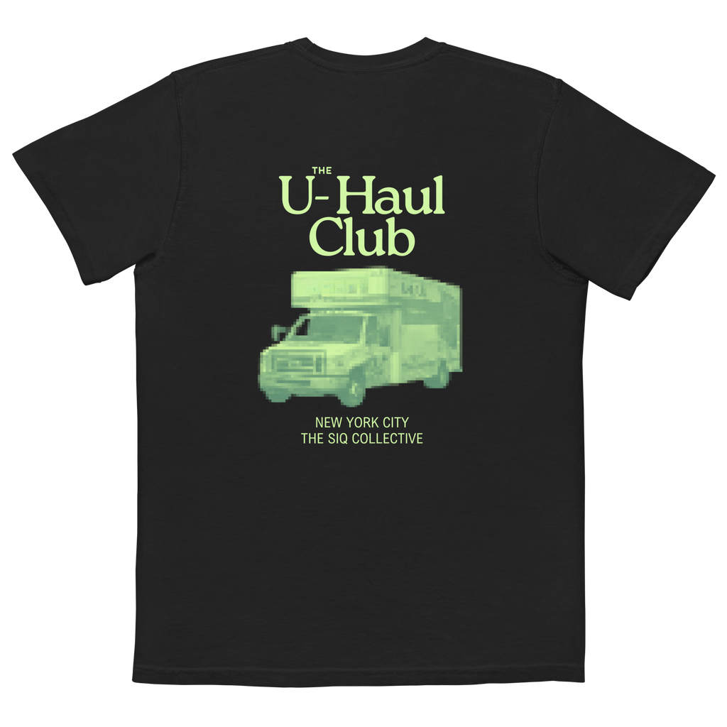 The Siq Collective UHauler's Club Comfort Tee black shirt with green U-Haul truck graphic and text on back
