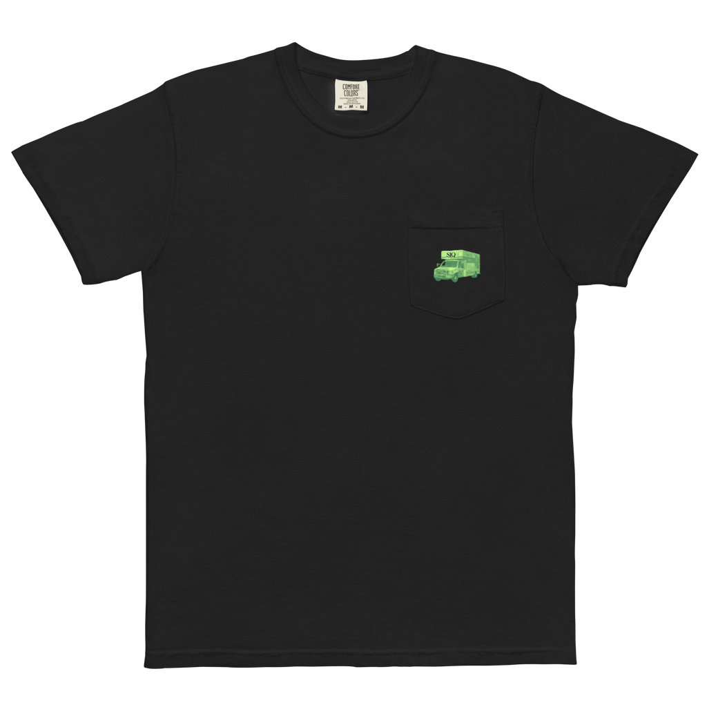 The UHauler's Club Comfort Pocket Tee with small green truck graphic on front pocket flat lay