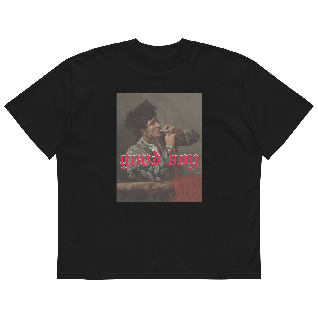 Black t-shirt featuring vintage style art with the words good boy organic art tee in red gothic font