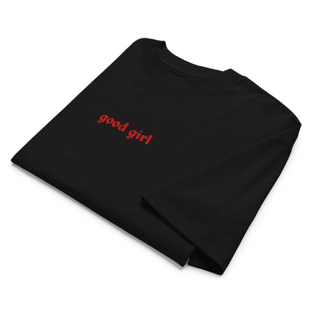 Embroidered Good Girl Organic Oversized Tee in After Midnight