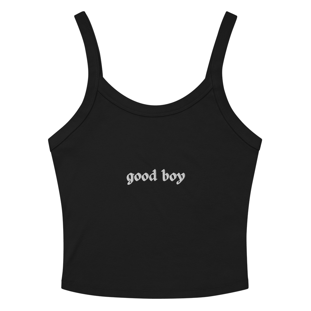 Good Boy Baby Tank in After Midnight black cropped tank top with good boy text on front