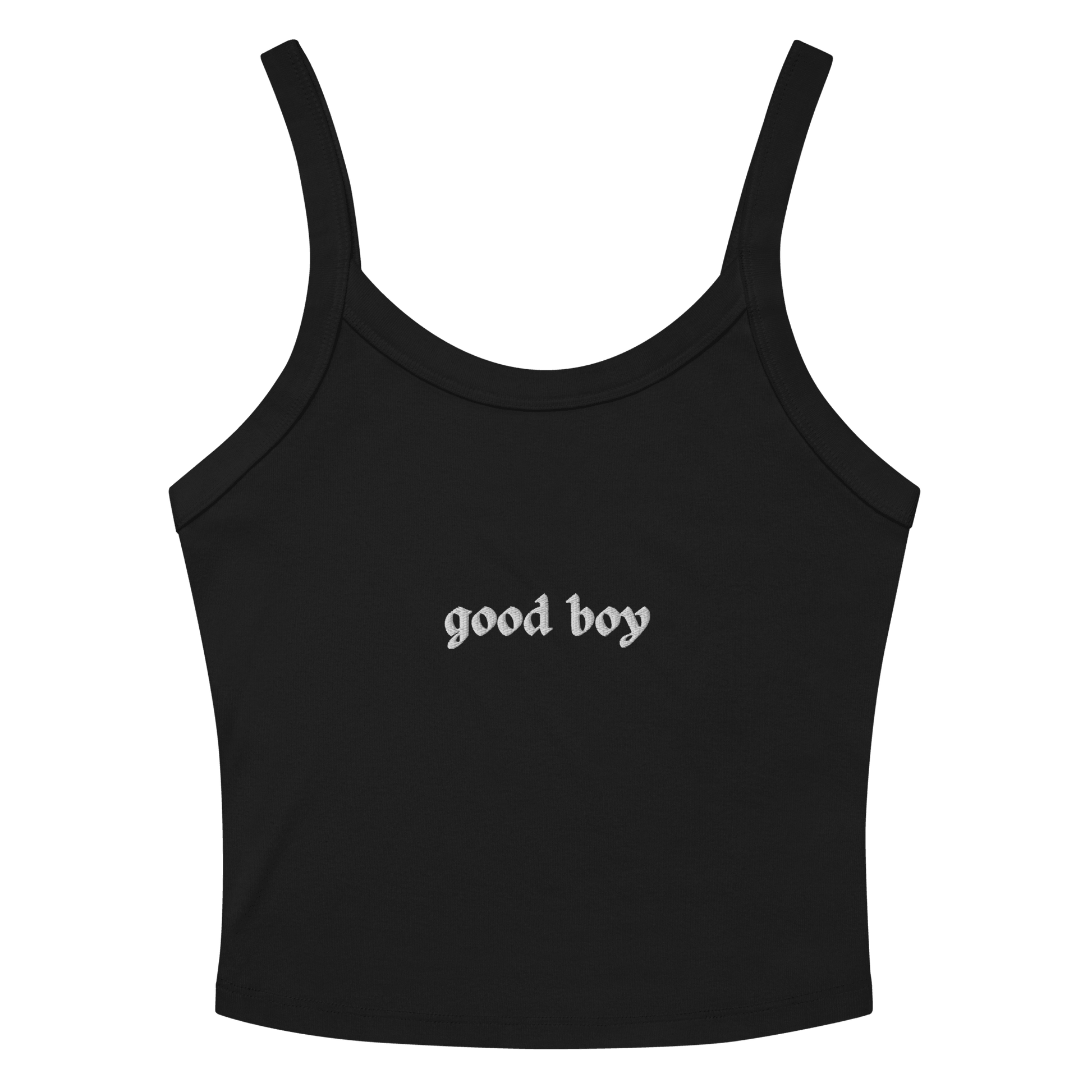 Good Boy Baby Tank in After Midnight black cropped tank top with good boy text on front