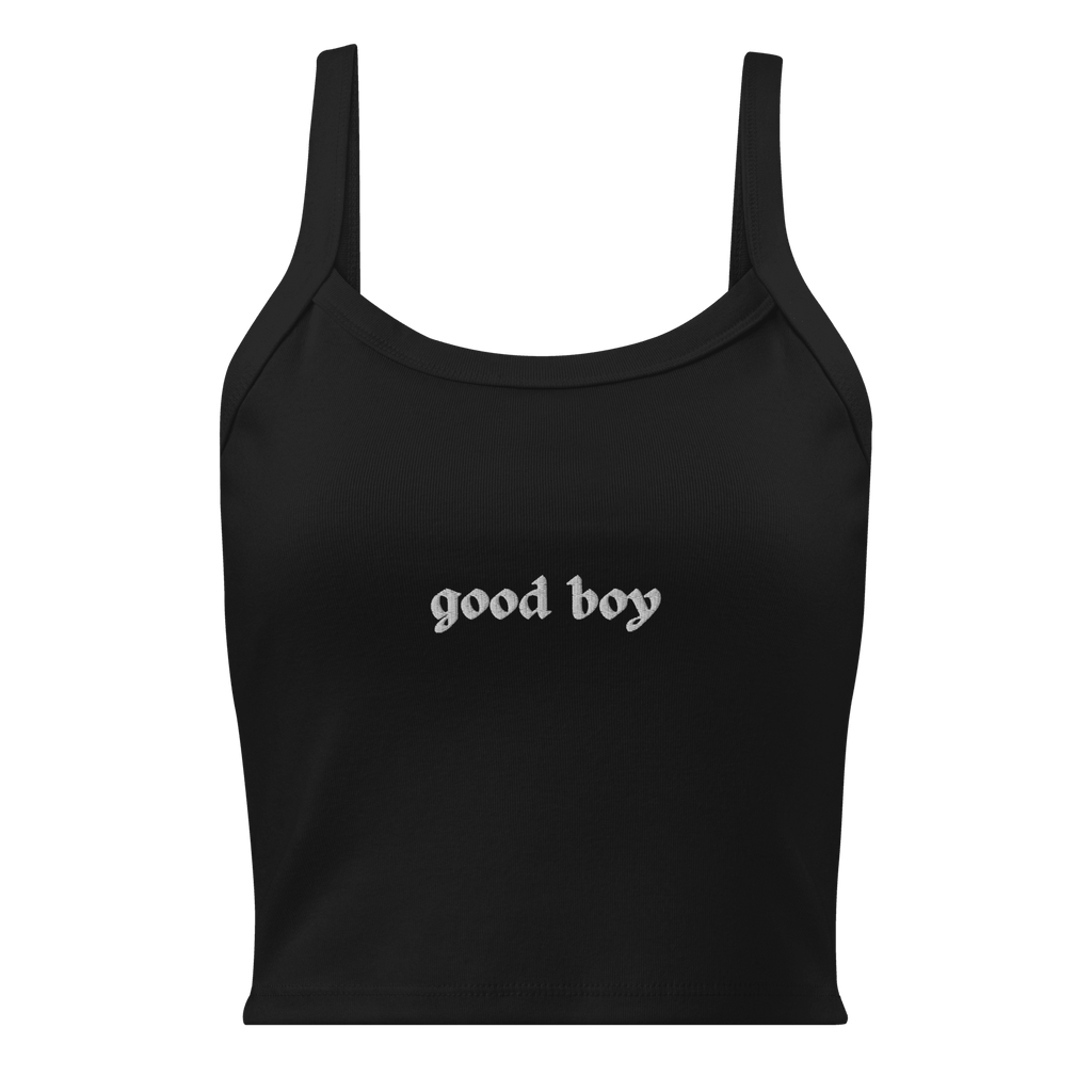 Black Good Boy Baby Tank in After Midnight with white gothic text from The Siq Collective