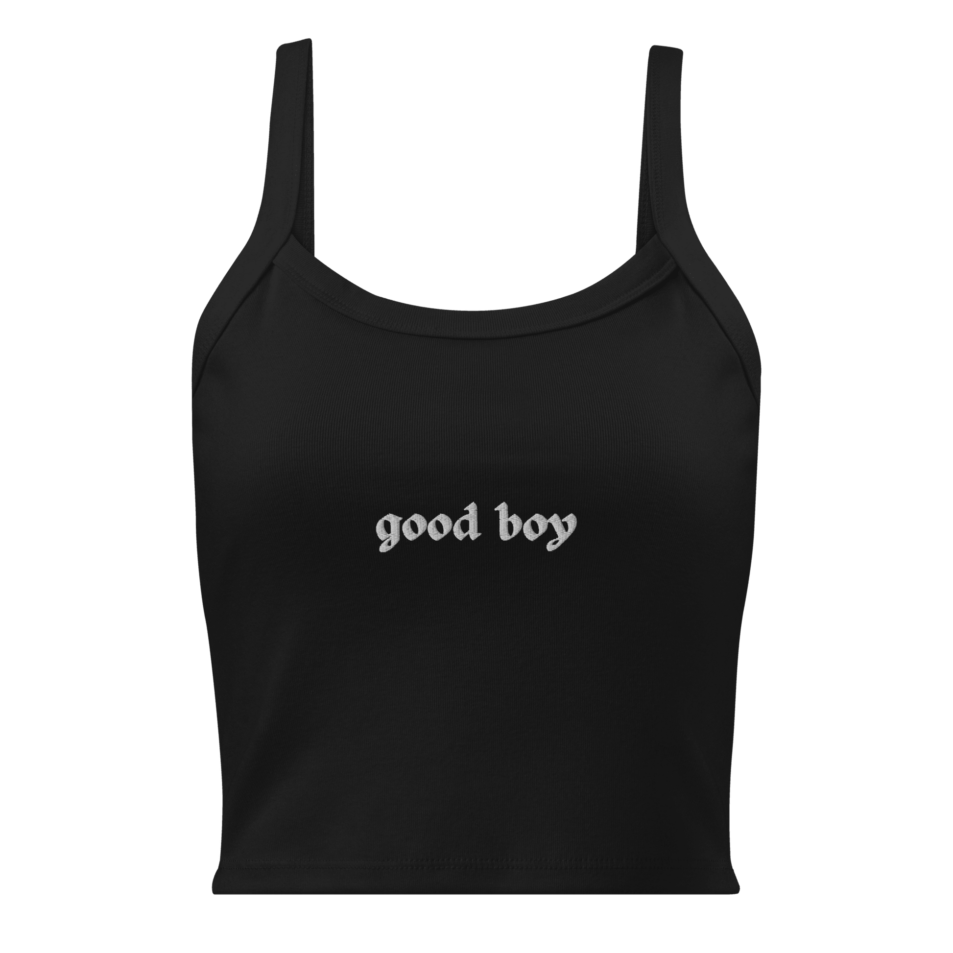 Black Good Boy Baby Tank in After Midnight with white gothic text from The Siq Collective